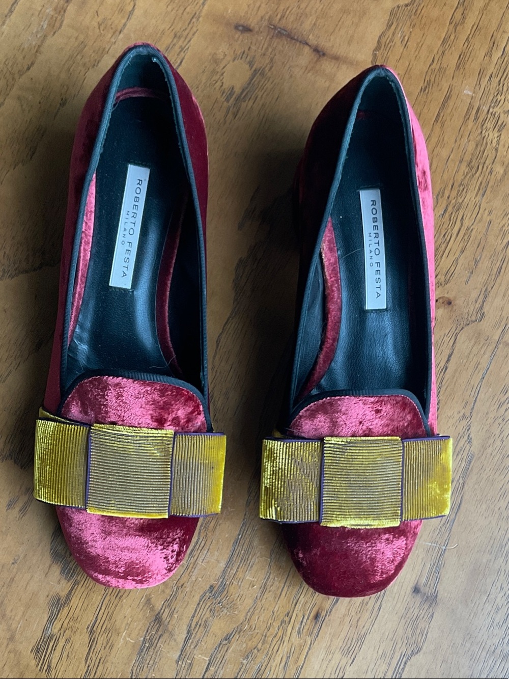Roberto Festa Burgundy Velvet Loafers with Gold Bow